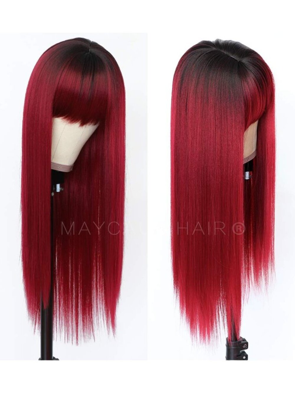 Red Color Synthetic Hair Wigs with Full Bangs Black Red Ombre Color Long
